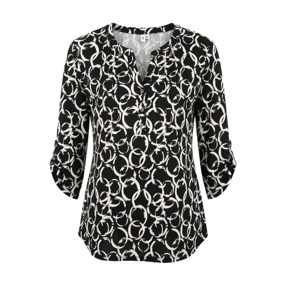 NY Collection Women's Plus Size 2X Black Ivory Geo Print Pintuck 3/4 Sleeve Top